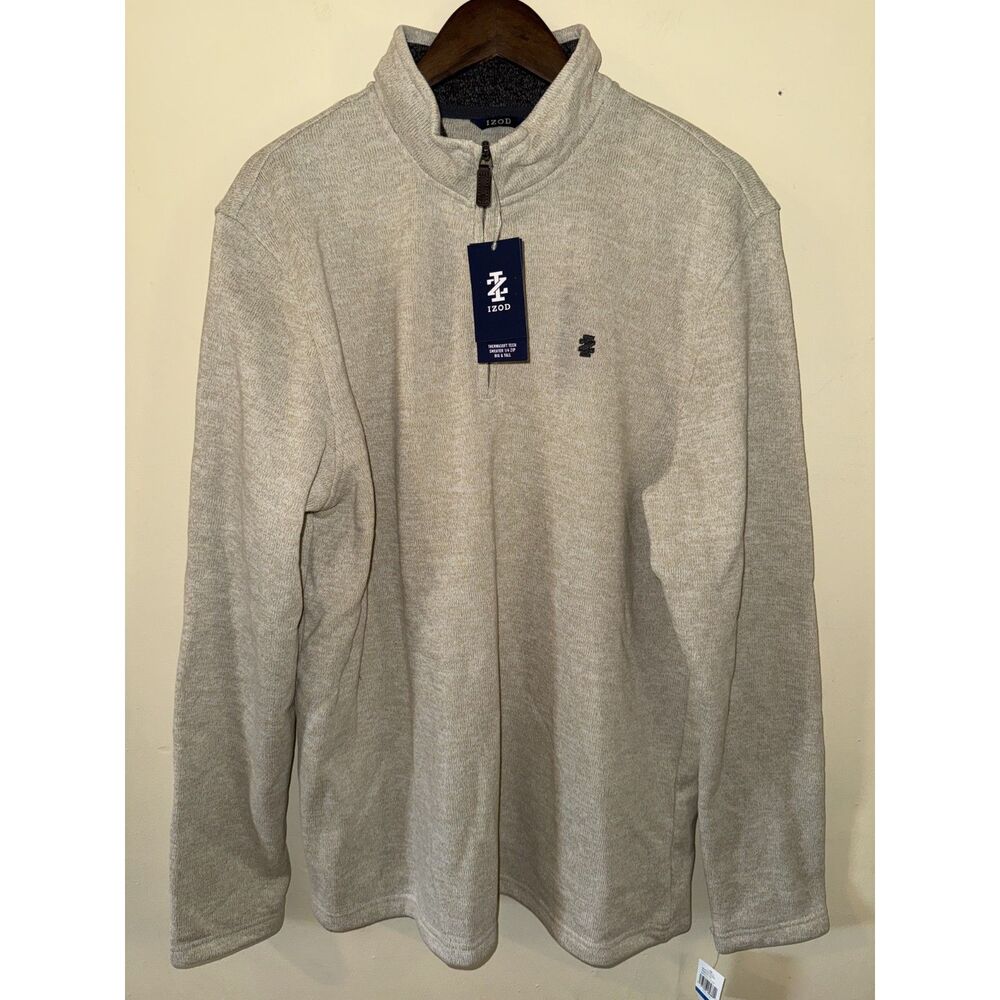 IZOD Mens Thermasoft Tech 1/4 Zip Fleece Sweater NWT Rock Heather Beige XLT